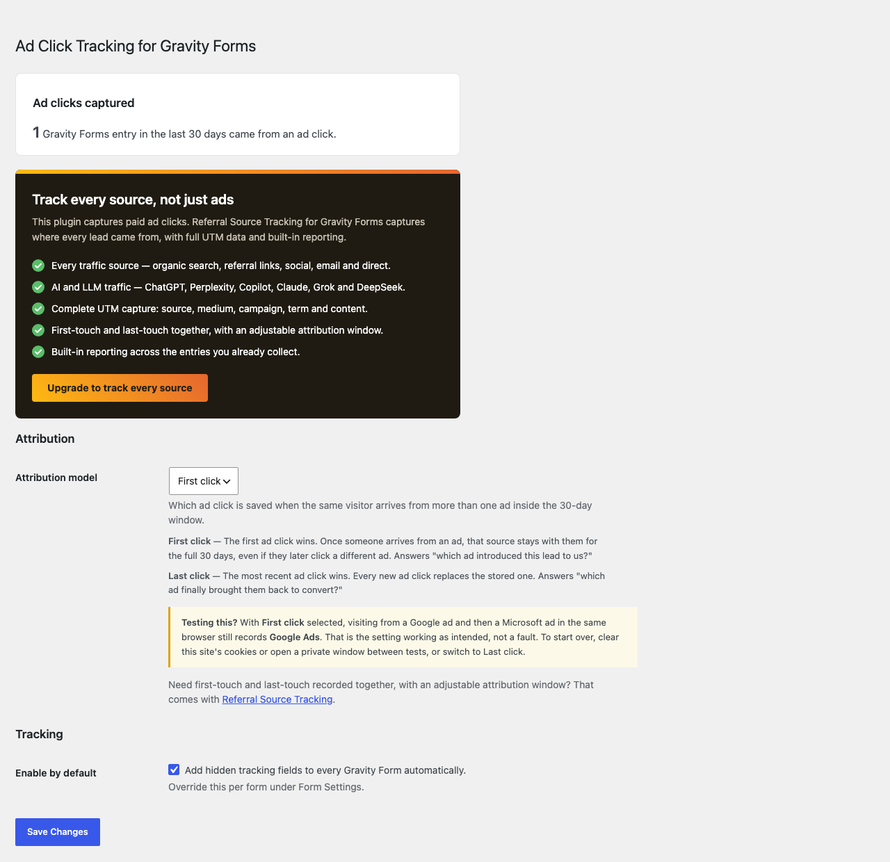 Choose first or last click attribution, and turn tracking on for every form at once.