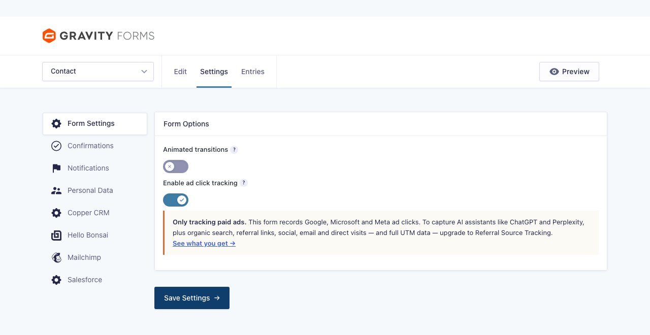 Enable or disable ad click tracking on any individual Gravity Form.