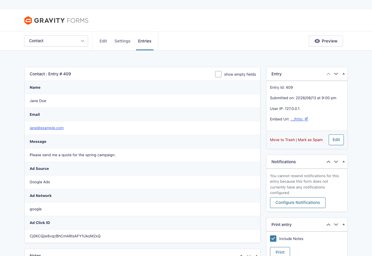 The captured Ad Source, Ad Network and Ad Click ID saved with the entry.