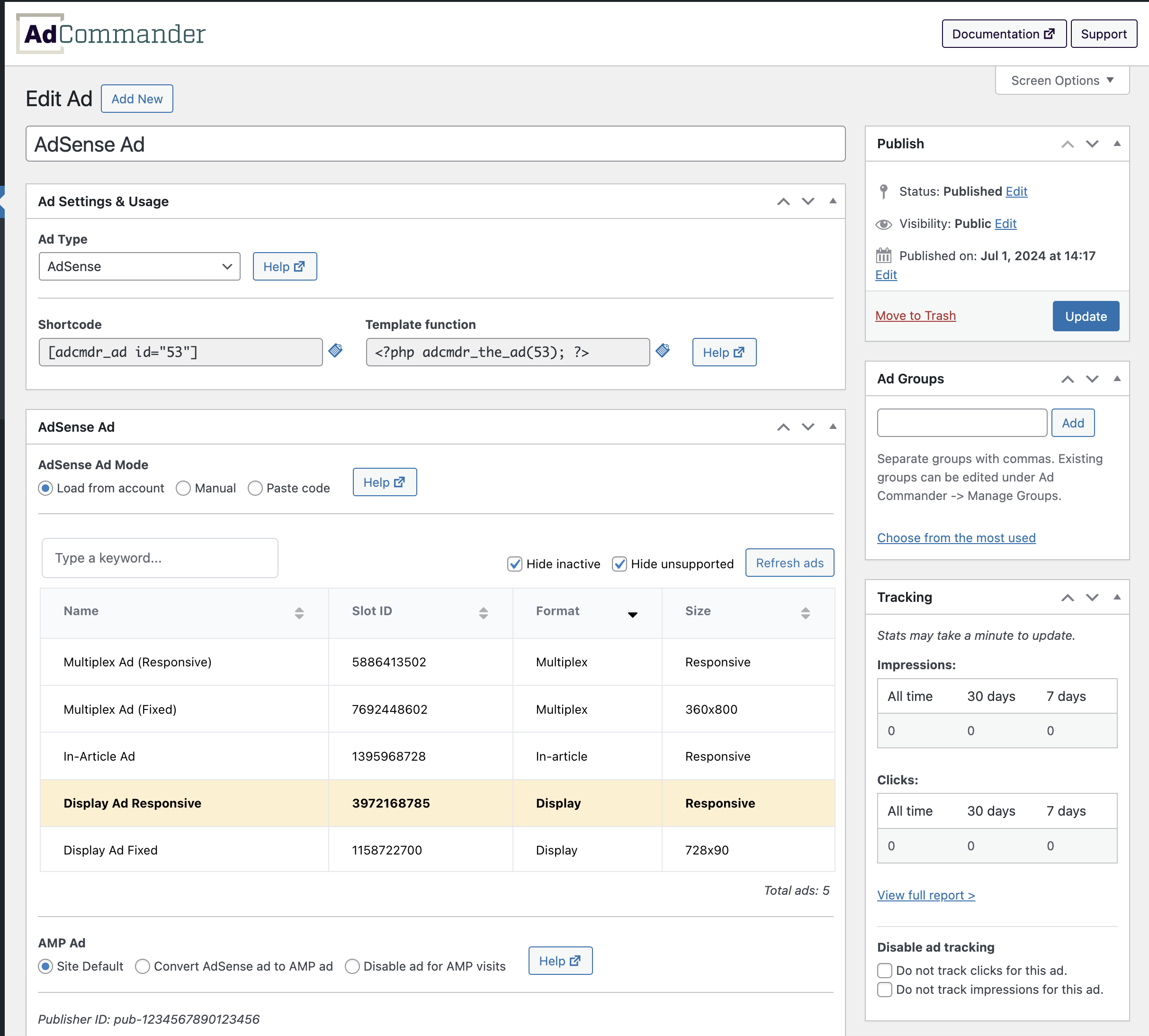 Creating an AdSense ad using direct account integration.