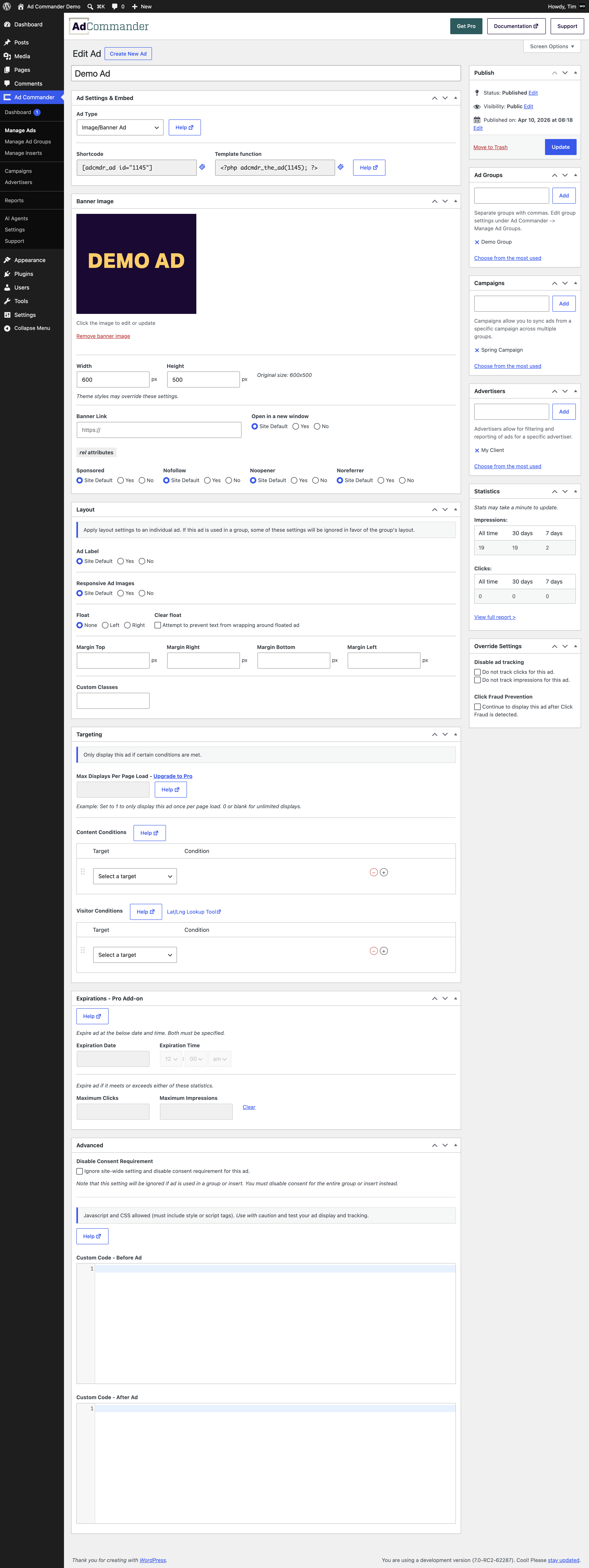 Creating an individual ad in the WordPress admin uses a standard Add Post interface. Create your ad, assign it to groups, apply settings, and publish.