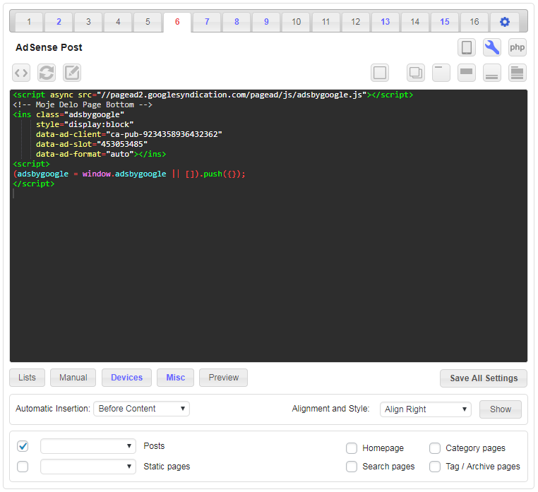 Settings for one code block (Before content).