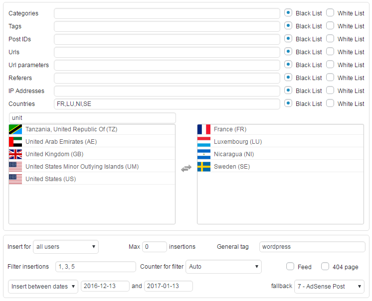 Some <a href="https://adinserter.pro/">Ad Inserter Pro</a> features: IP address and country lists, Scheduling between dates with fallback