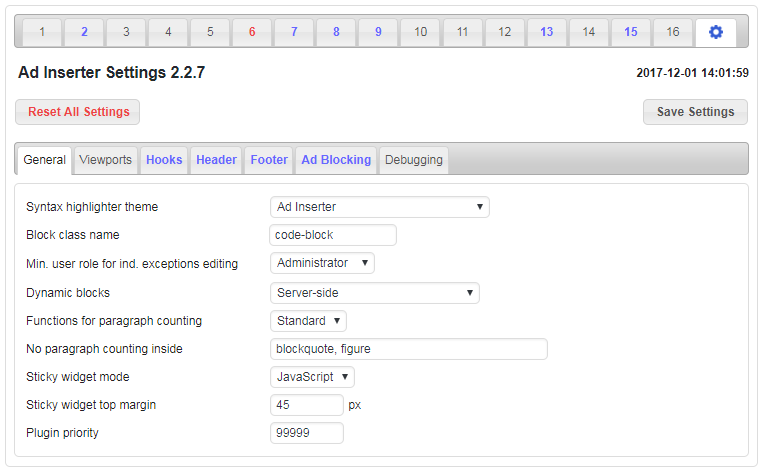 Configurações do plugin Ad Inserter