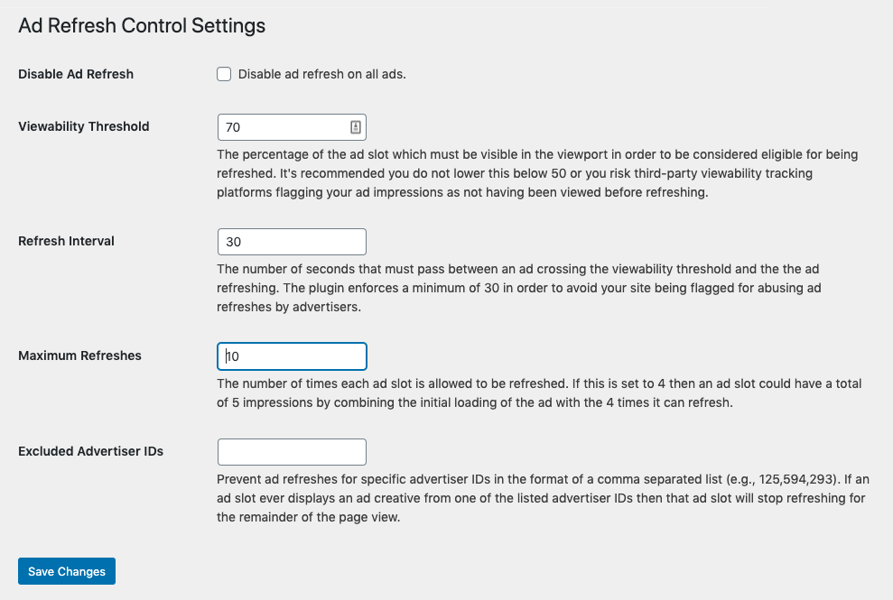 Ad Refresh Control plugin settings.