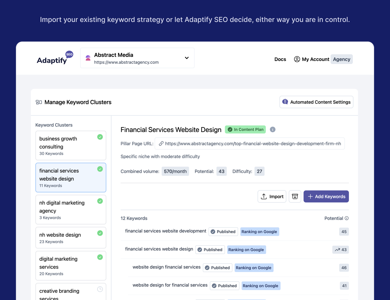 <strong>Keyword Clusters Management</strong> - Manage your keyword clusters and content plans.