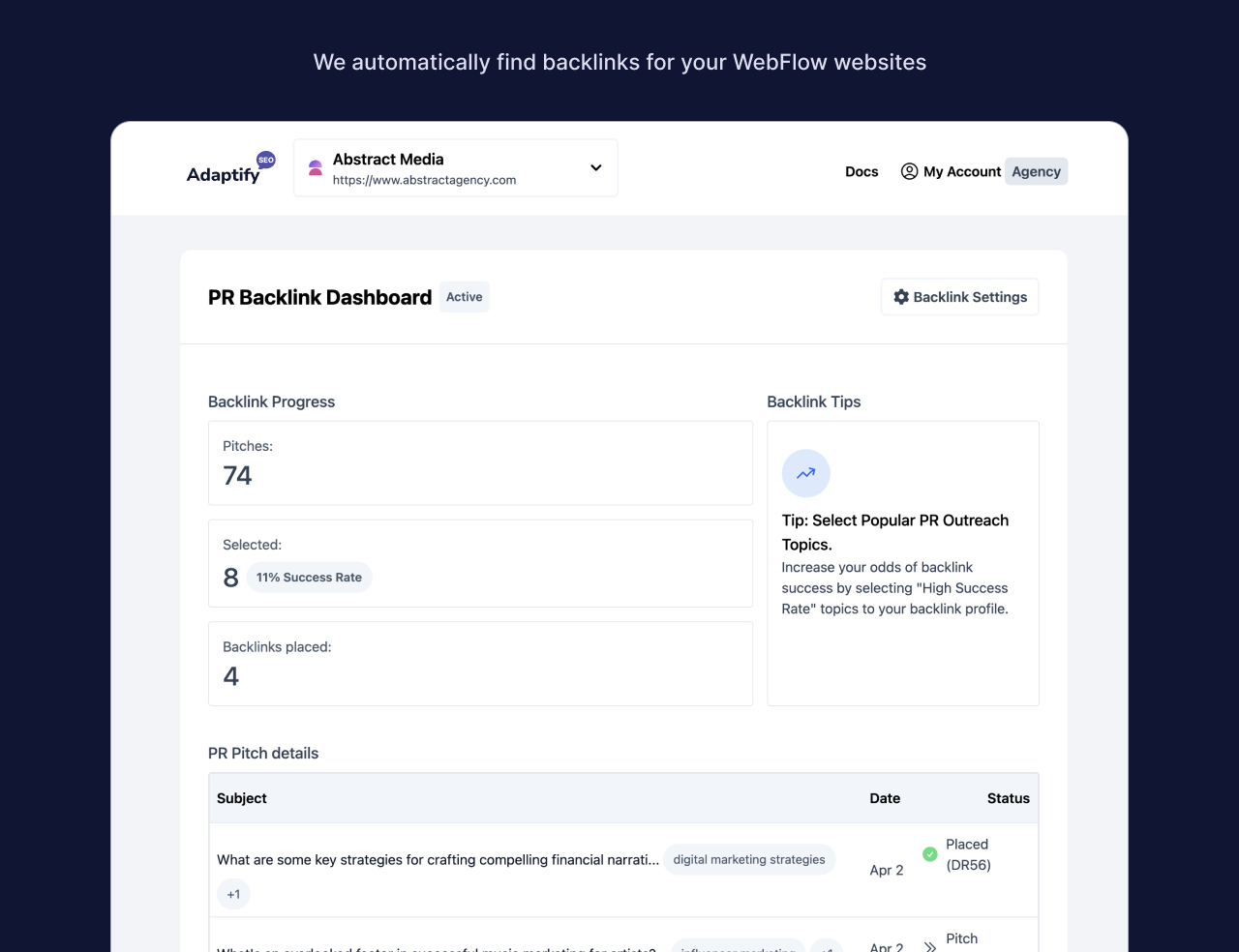 <strong>Backlink Dashboard</strong> - Manage your backlinking strategy.