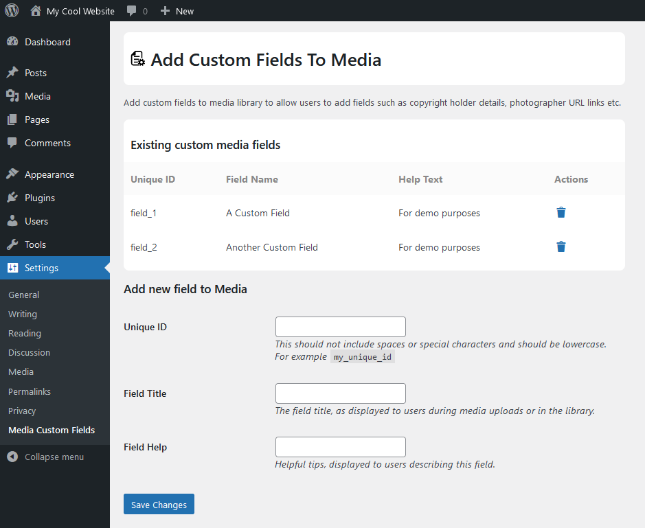 Plugin settings page