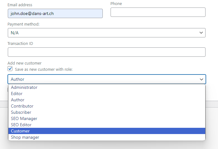 Selection of the role when "Define user role individually" is activated