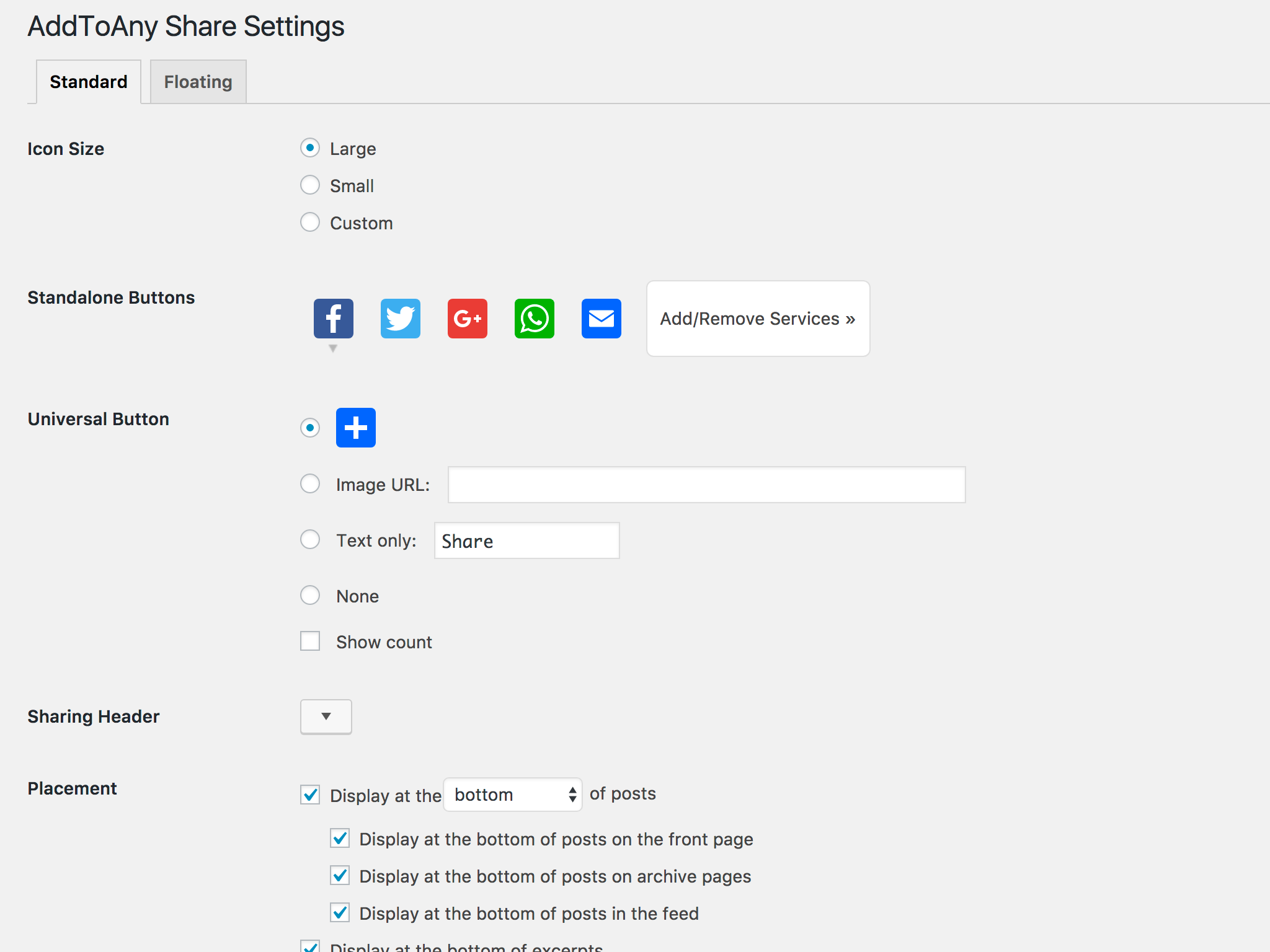 Settings for Standard Share Buttons