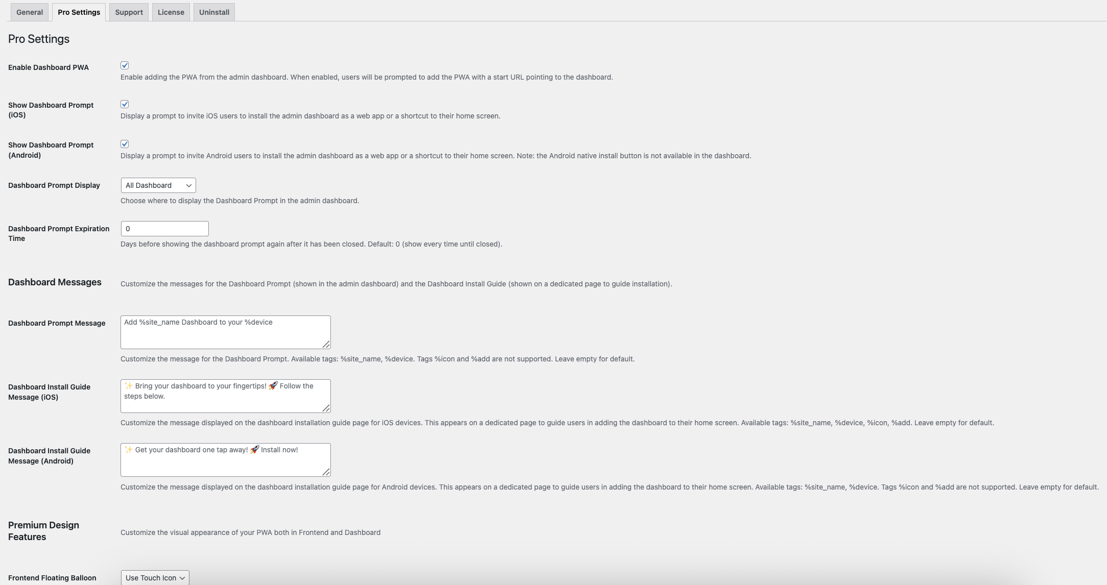 Pro settings page with advanced PWA options and stats.