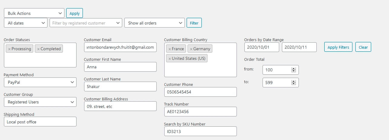 Additional Order Filters for WooCommerce - Screenshot 1
