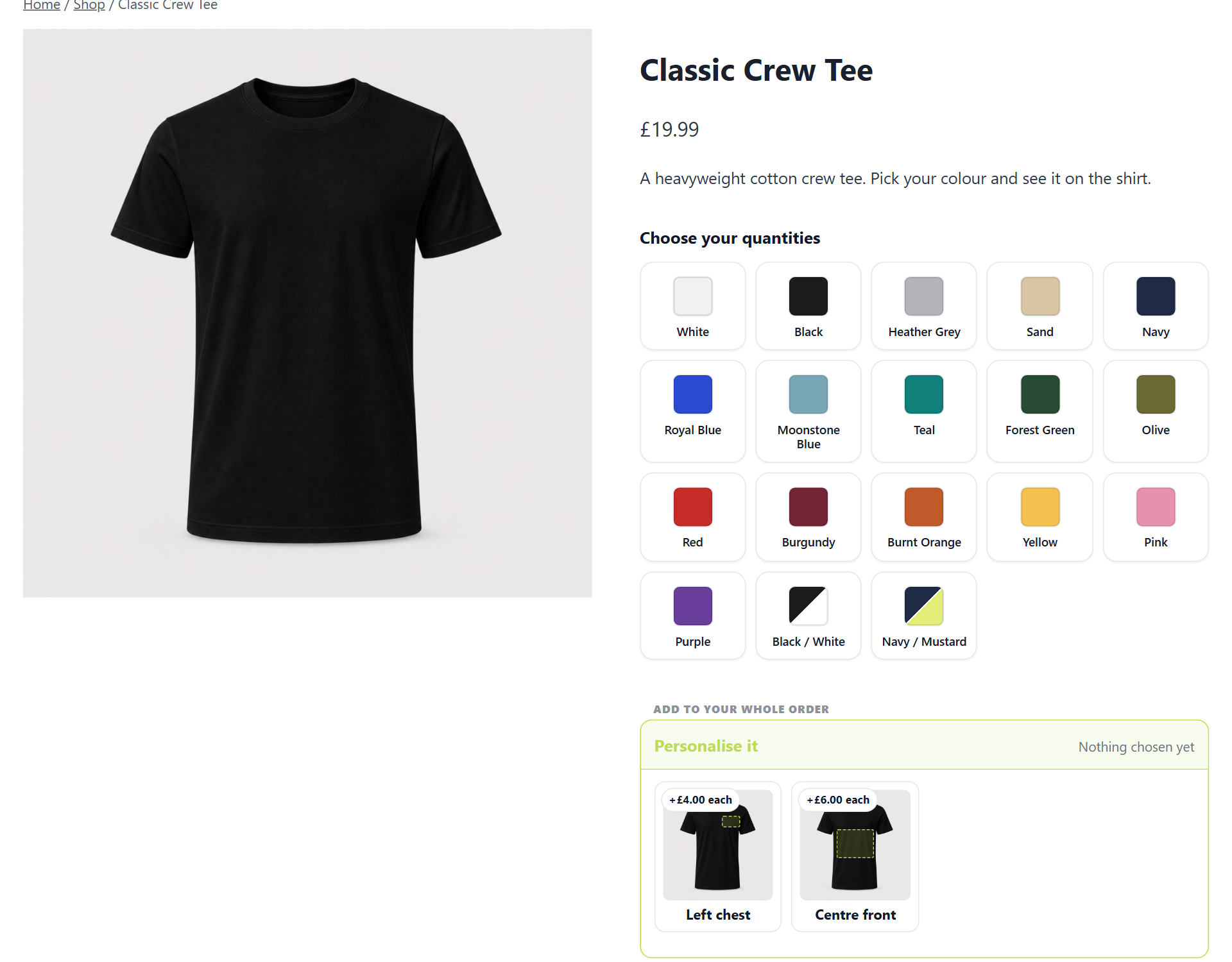 Eighteen colours on one product, two of them two-tone, all from a single set shared across the shop.