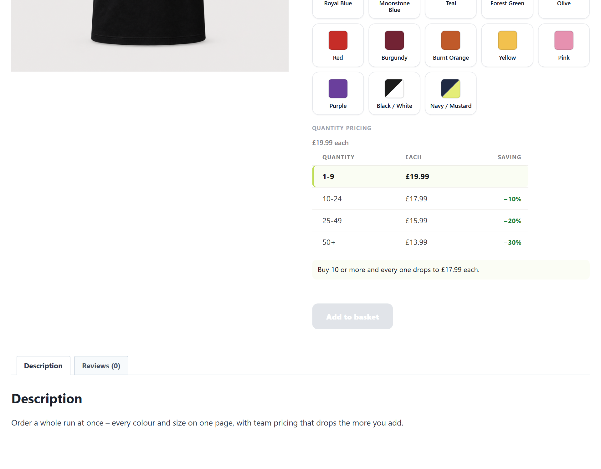 The quantity grid: every colour ordered in one go, with the price per item dropping as the order grows.
