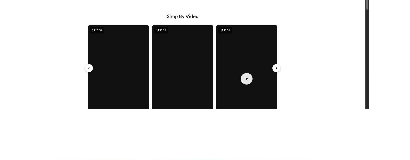 The shoppable video feed as a horizontal carousel — price badges, a "COMBO" tag for multi-product videos, and navigation arrows, embedded right on a shop page.