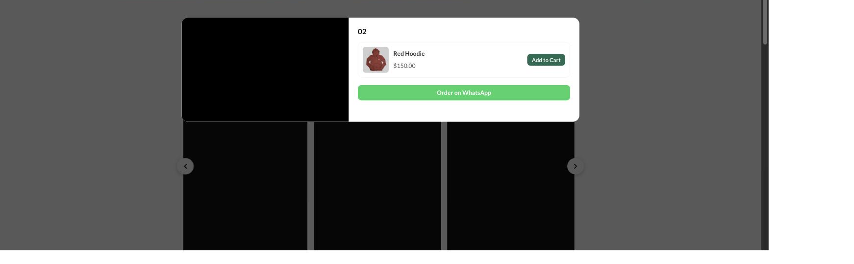 Tap a video to open the product panel — tagged product with price, one-tap Add to Cart, and the "Order on WhatsApp" share-to-buy button.