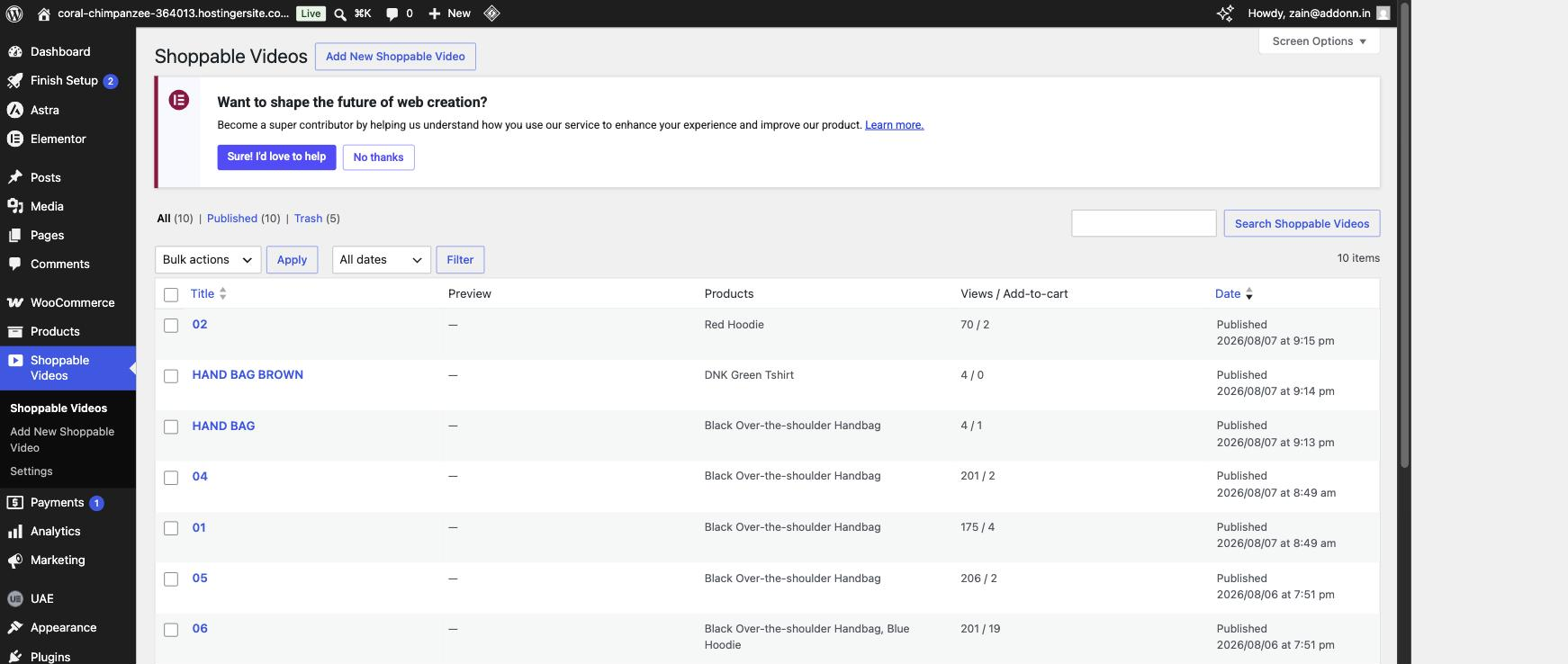 The Shoppable Videos list in wp-admin, with per-video view and add-to-cart counts.