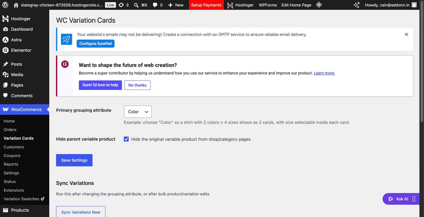 The Variant Grid settings page.