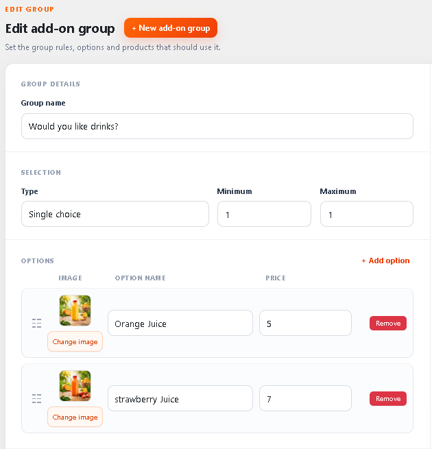 Create an add-on group with custom options and prices.