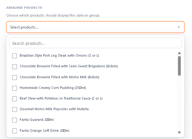 Assign an add-on group to specific products using checkboxes.