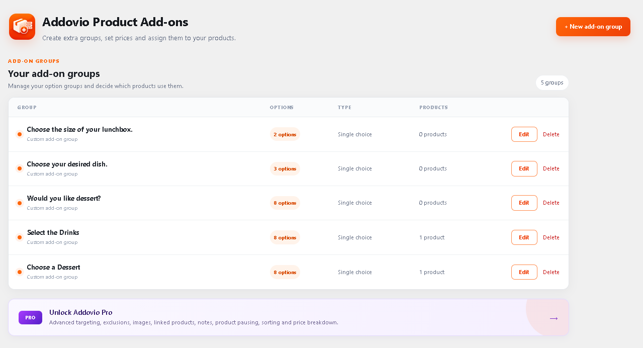 Manage your saved add-on groups.
