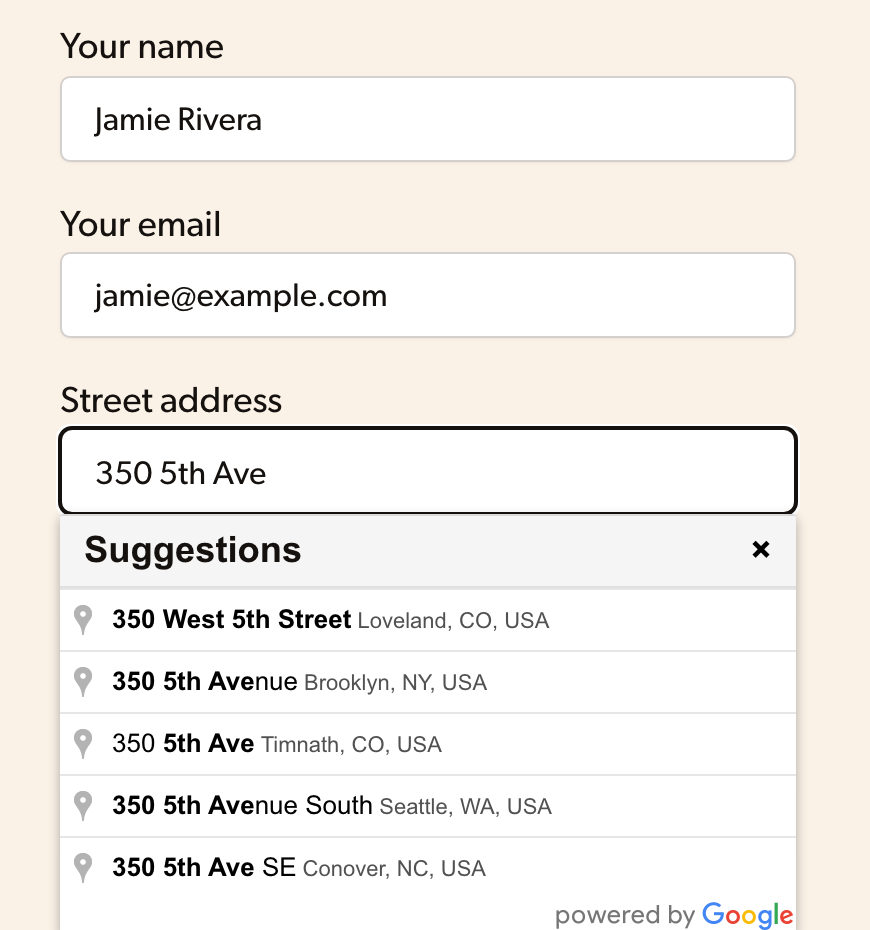 Google address suggestions under the street address field of a contact form.