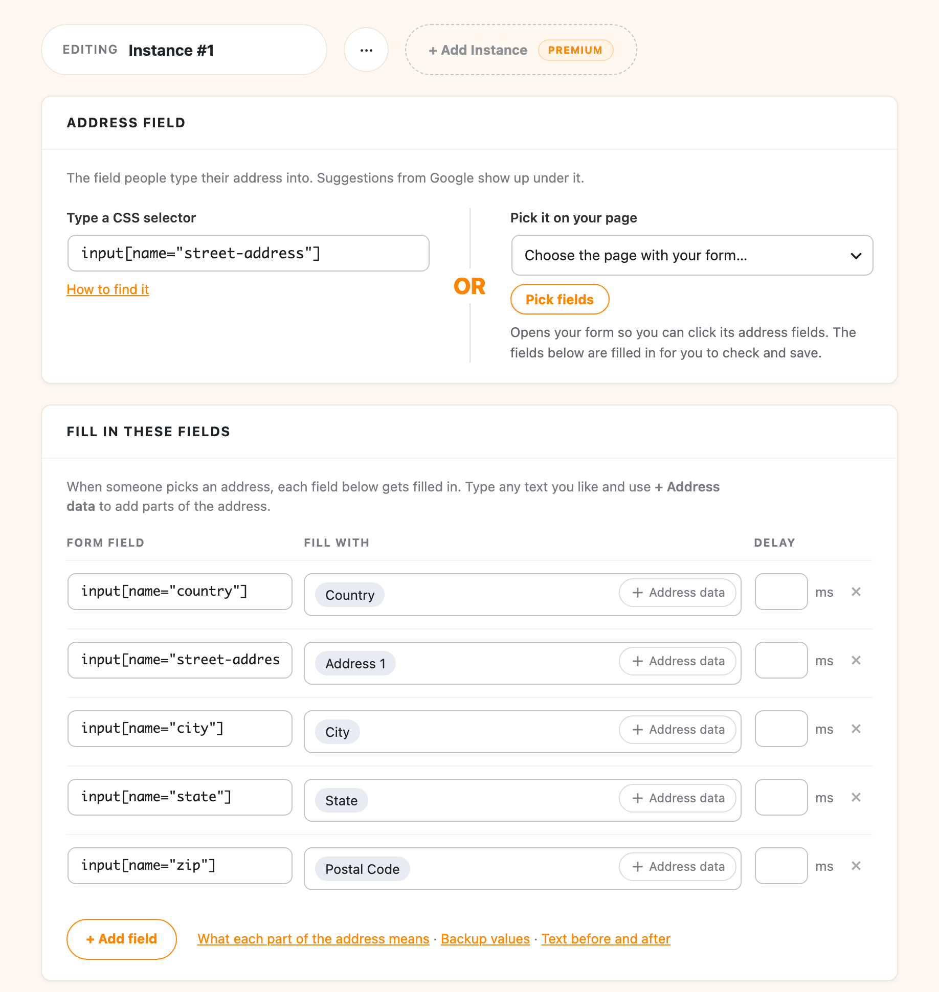 The saved setup: the field people type into, and the part of the address each form field gets.