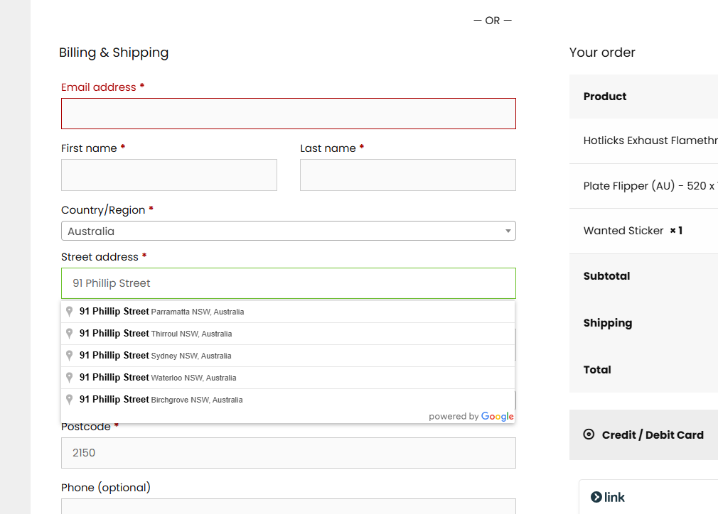 Checkout Page with Autocomplete: Demonstrates the address autocomplete feature in action on the checkout page.