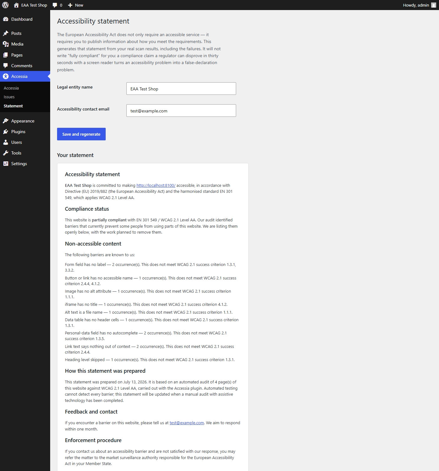 The accessibility statement, generated from real results.