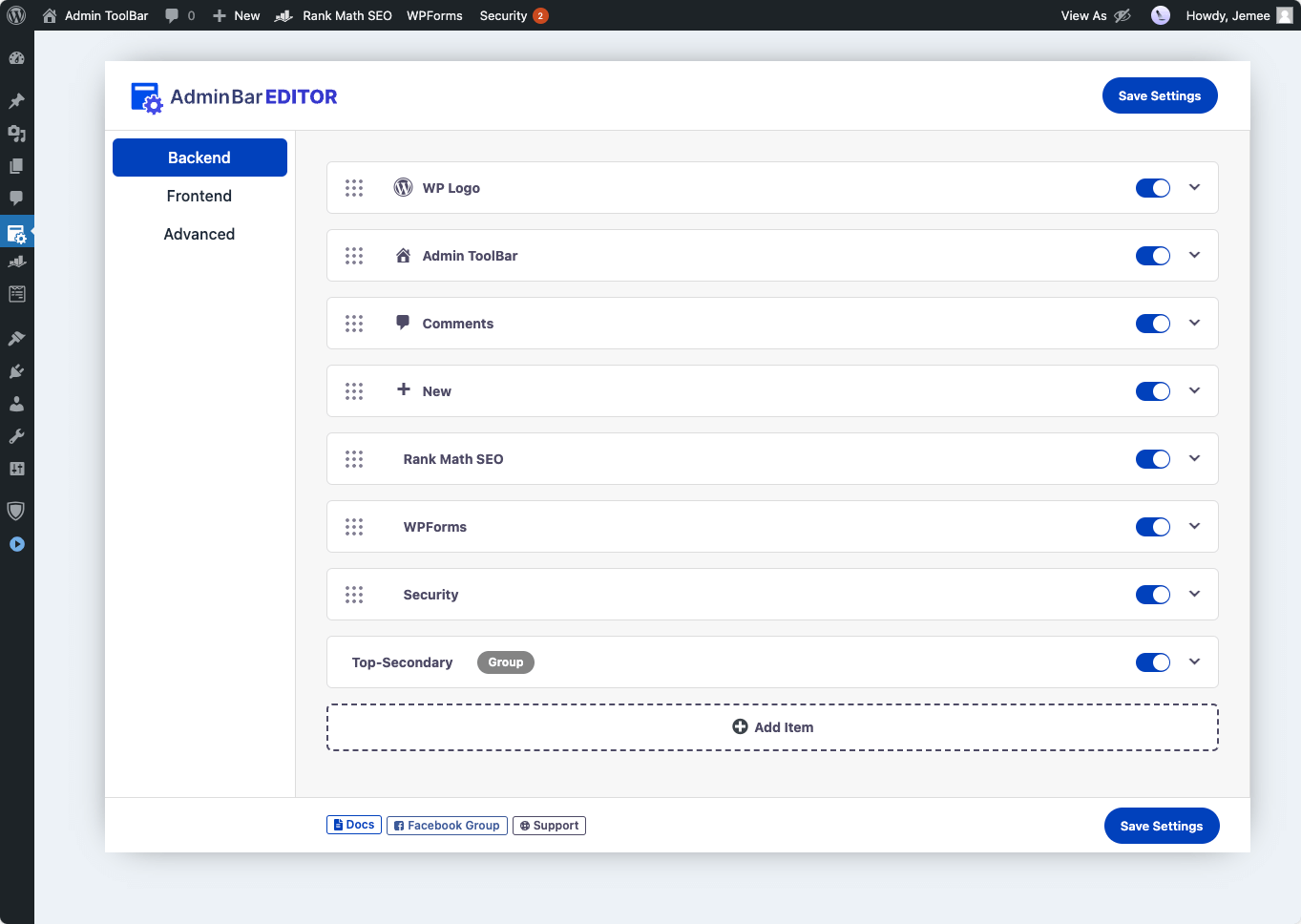 Admin Bar Editor options for WordPress Dashboard