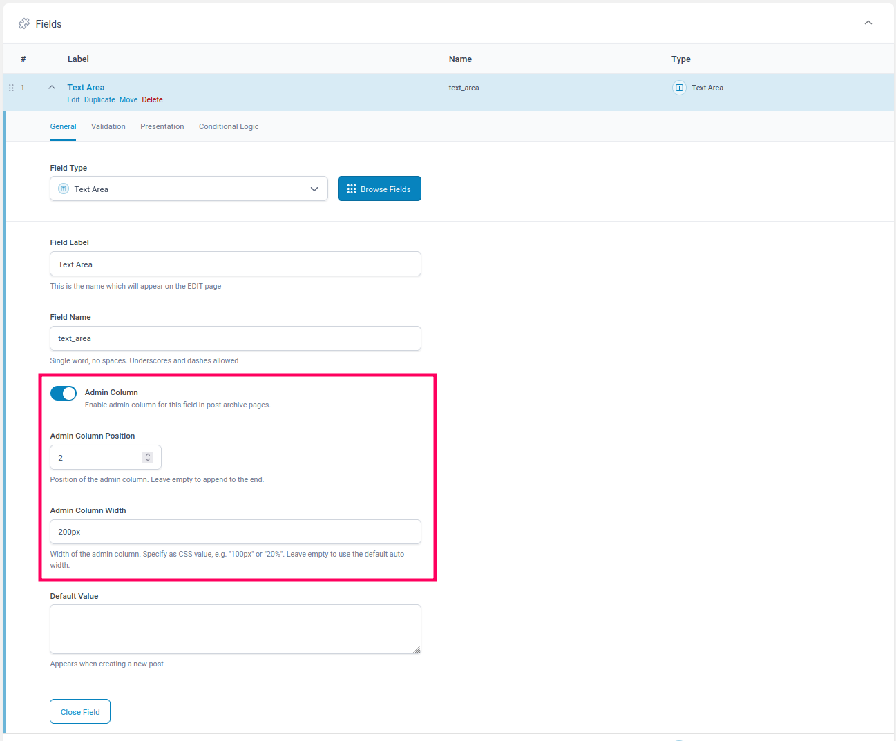 <p>New settings within the ACF field settings UI</p>