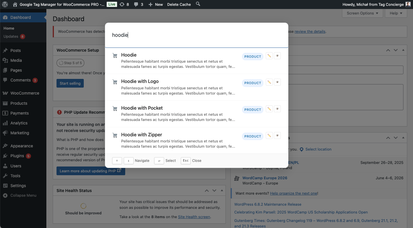 Admin Compass search palette WooCommerce products
