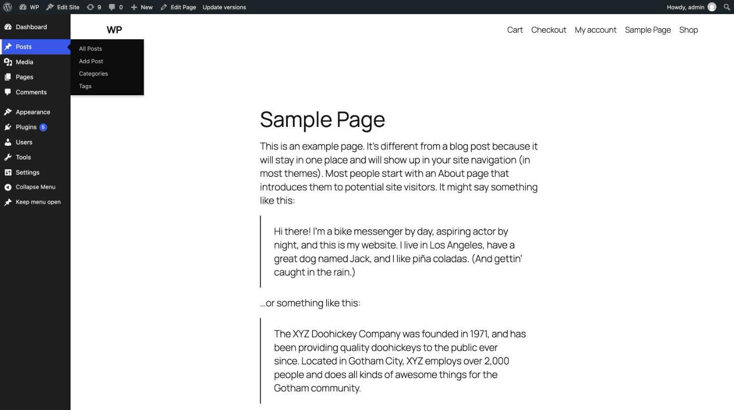 The admin menu on a public page, with a submenu open.