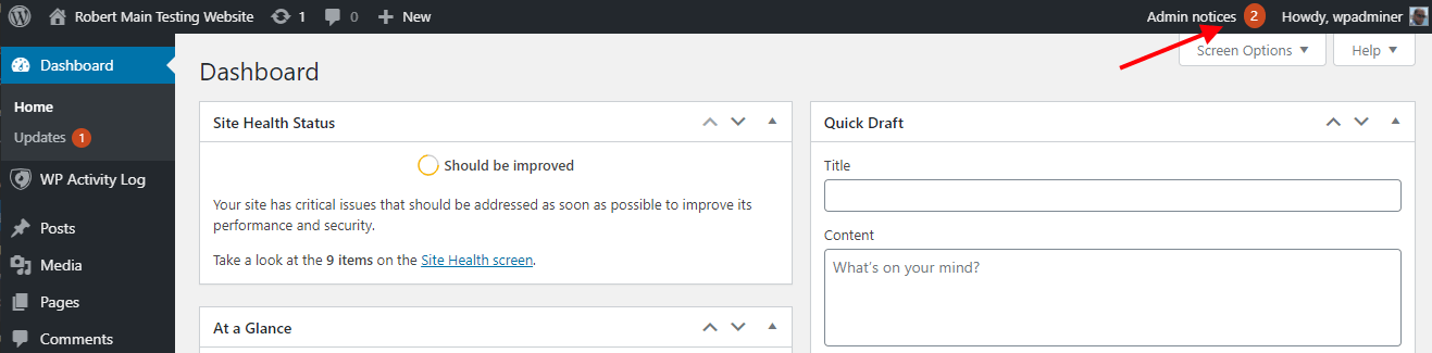 When there are new admin notices, the plugin will highlight it by showing the number of notifications in the WordPress toolbar.