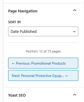 Gutenberg navigation panel with sorting control in the Document Settings sidebar