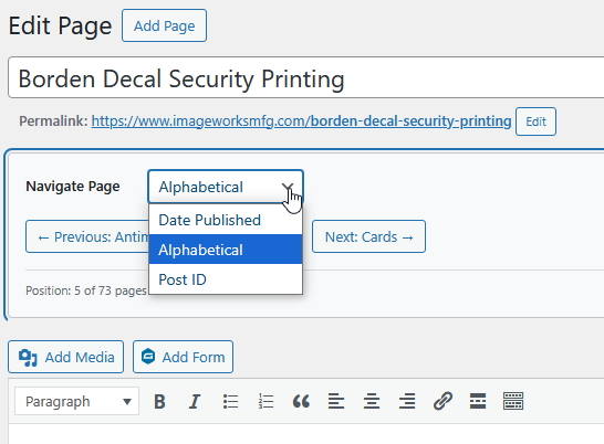 Sorting dropdown with Date Published, Alphabetical, and Post ID options