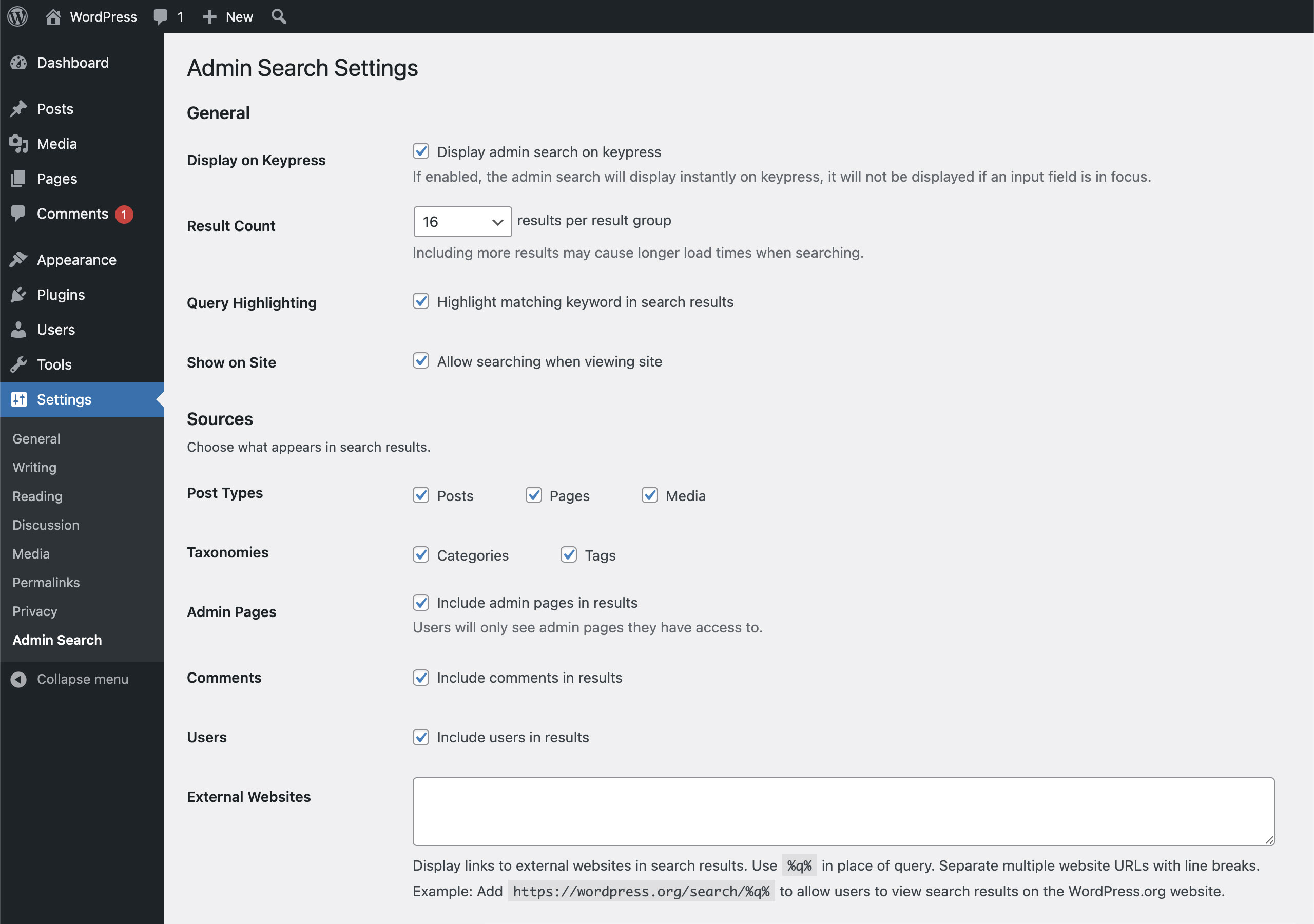 Choose result sources and more with settings to tailor your search experience