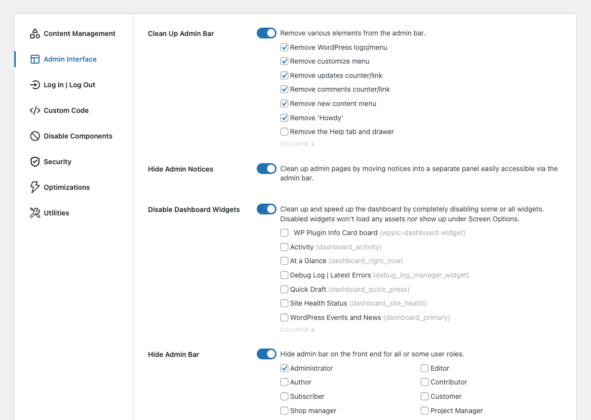 Interface administrativa