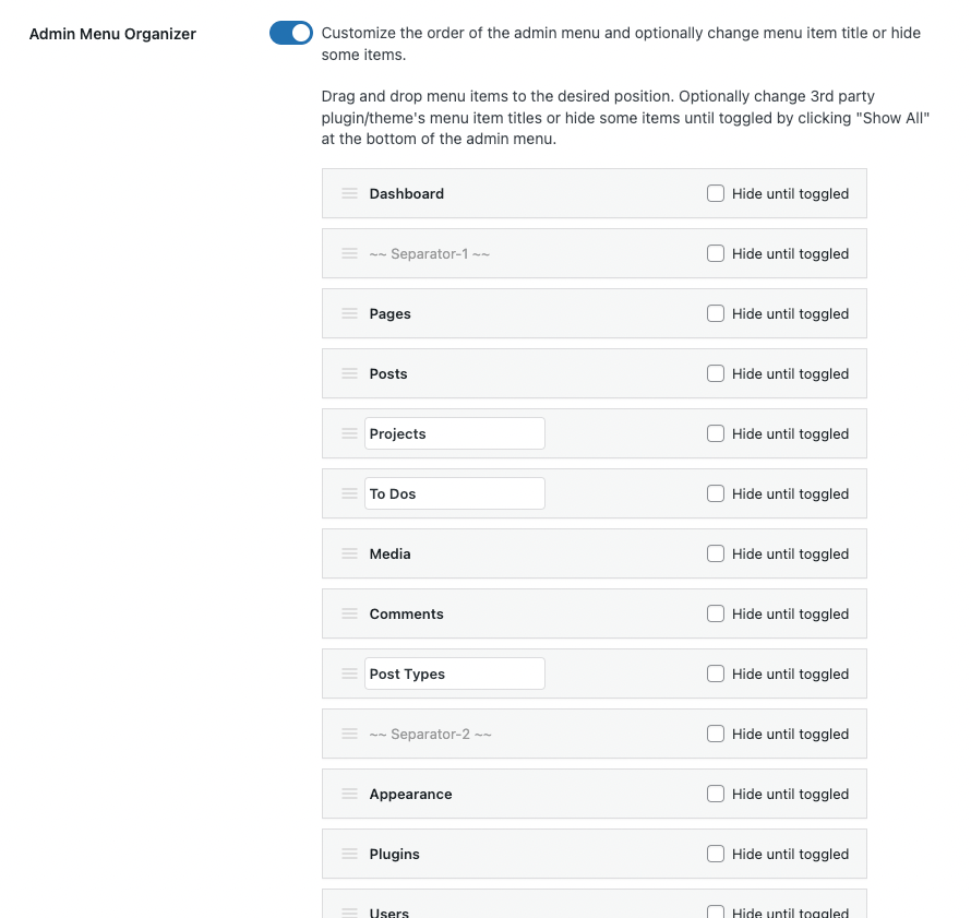 Módulo organizador do menu administrativo