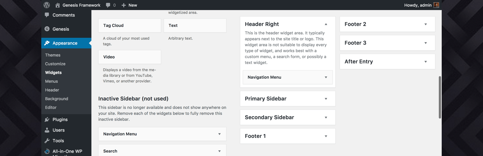 Admin Sticky Widget Areas