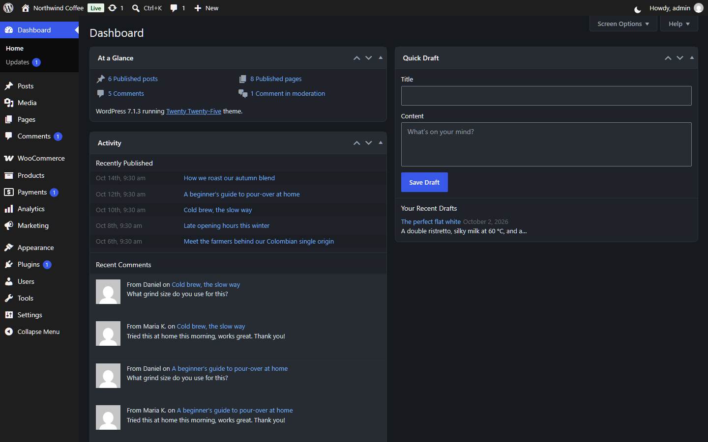 The dashboard in dark mode.