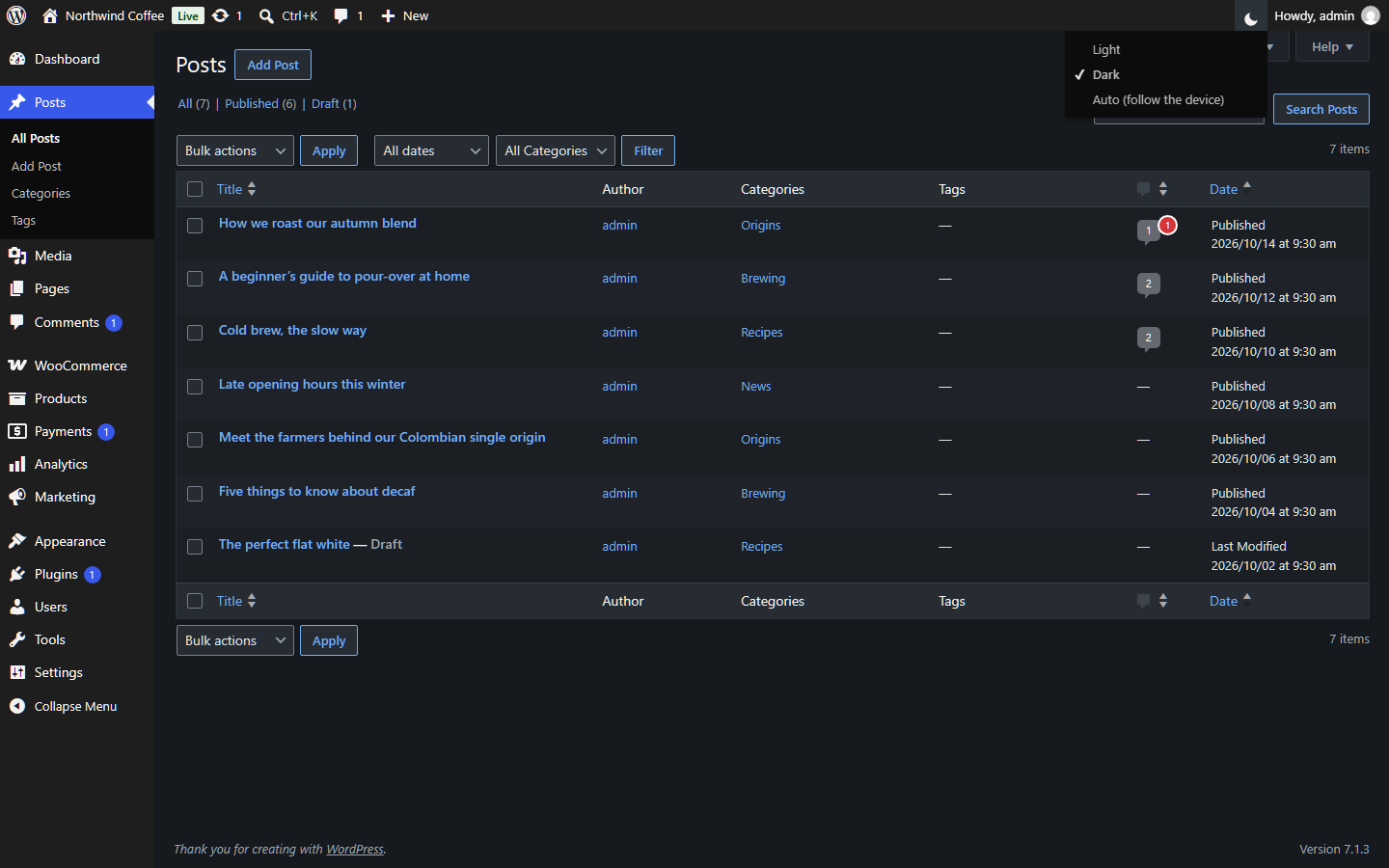 The posts list, with the toolbar switch open.
