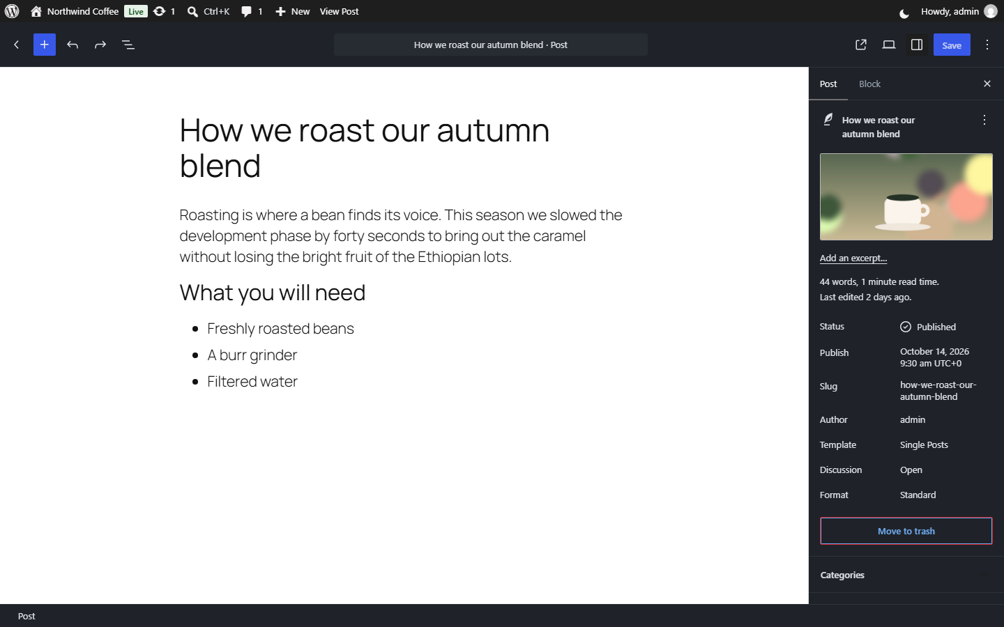 The block editor: dark panels and toolbars, and the writing area in the theme's colours.
