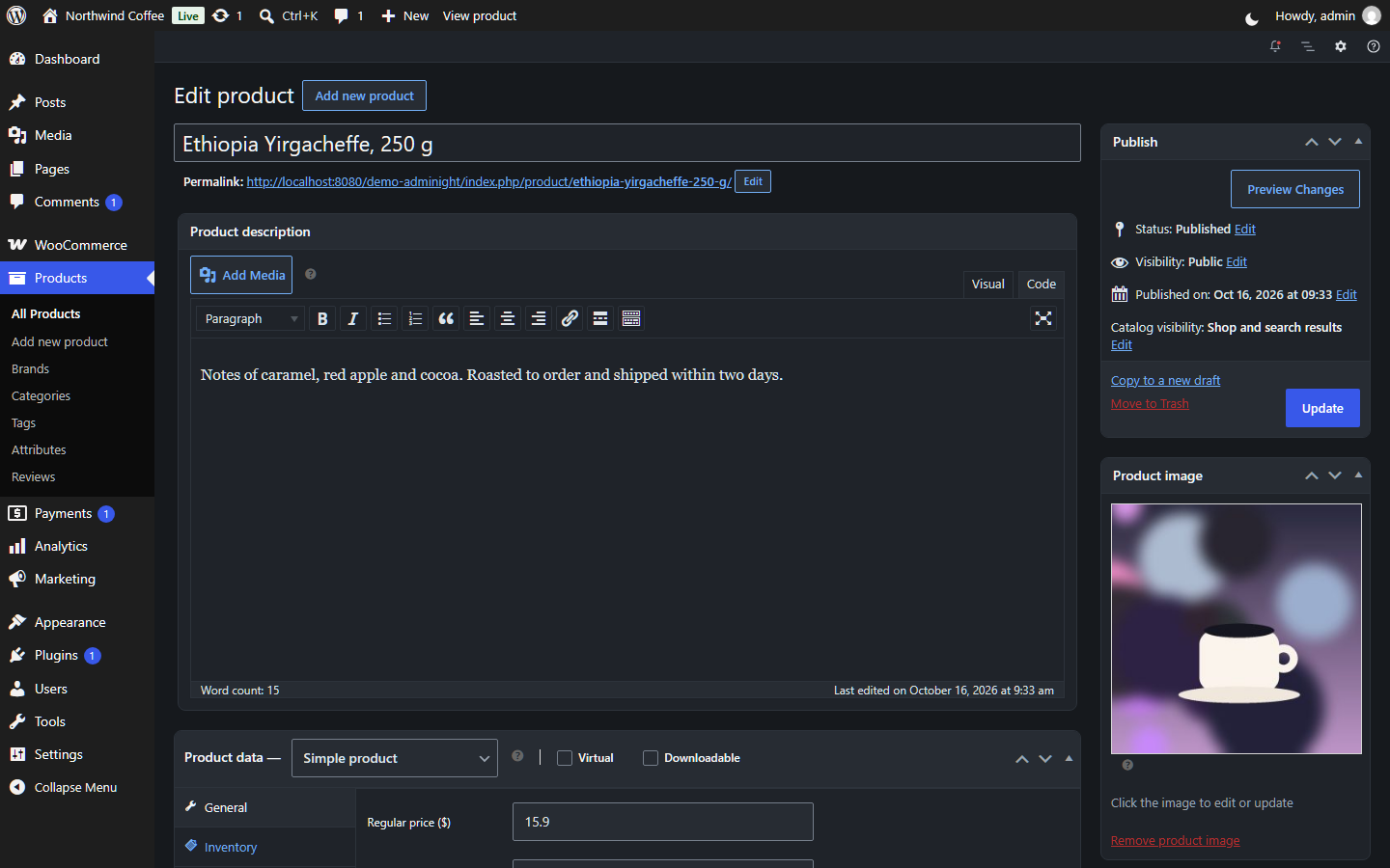 A WooCommerce product in the classic editor, with its writing area dark too.