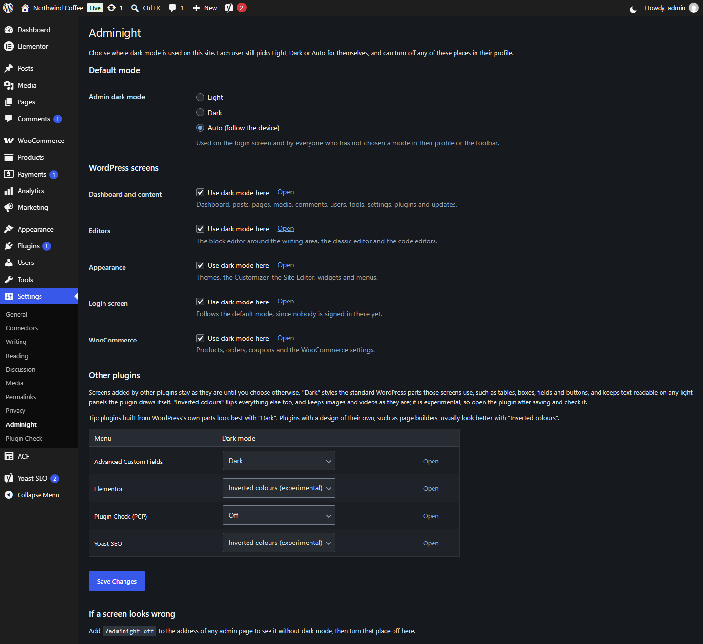 Settings → Adminight: the default mode, the parts of WordPress, and other plugins one by one.