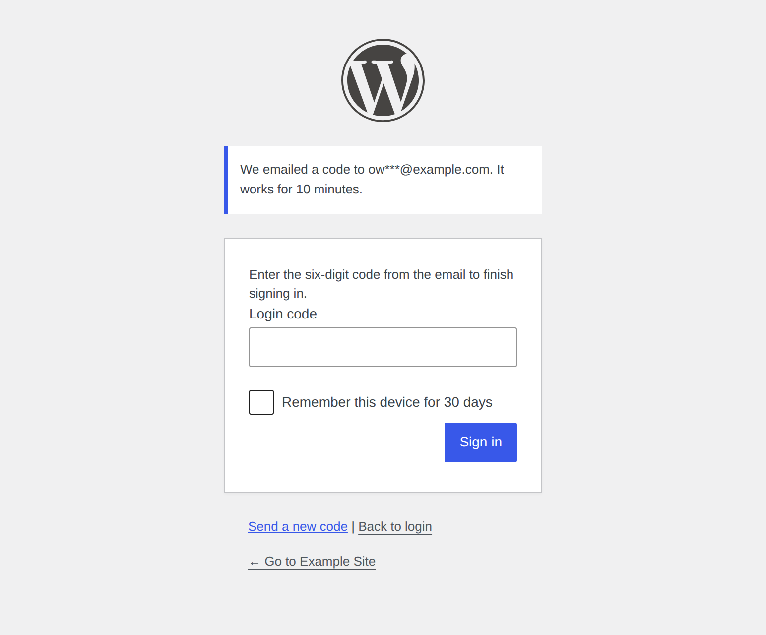 Two-Factor Login on the login screen: after the password, a six-digit code emailed to the account's address, shown partly hidden, with the option to remember the device.