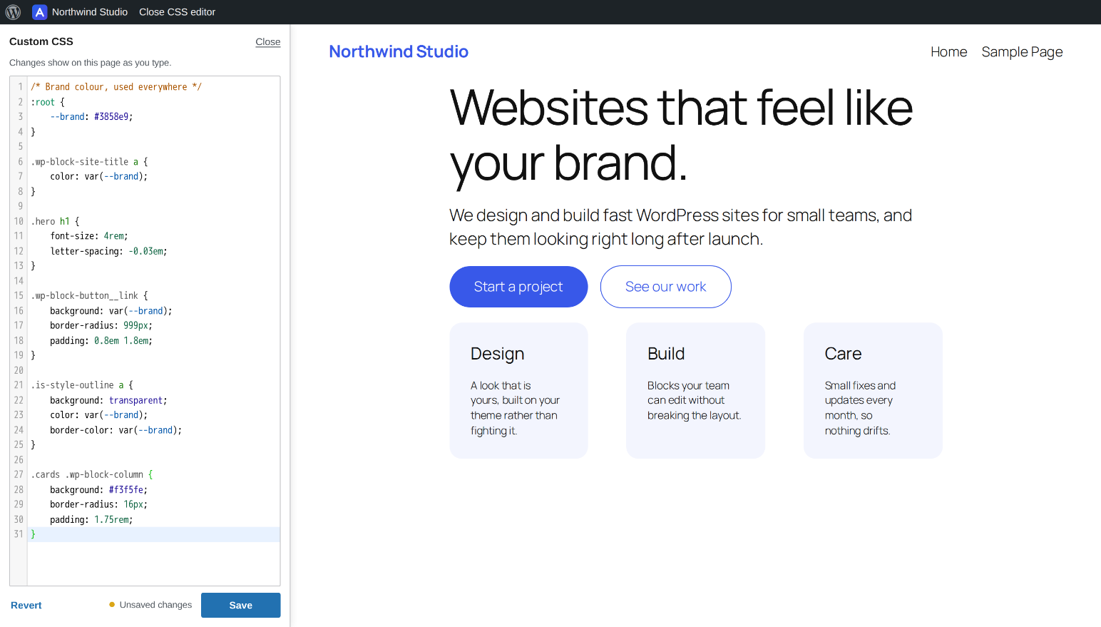 Edit CSS from the admin bar on any page of your site: the page restyles as you type, and nothing is saved until you press Save.
