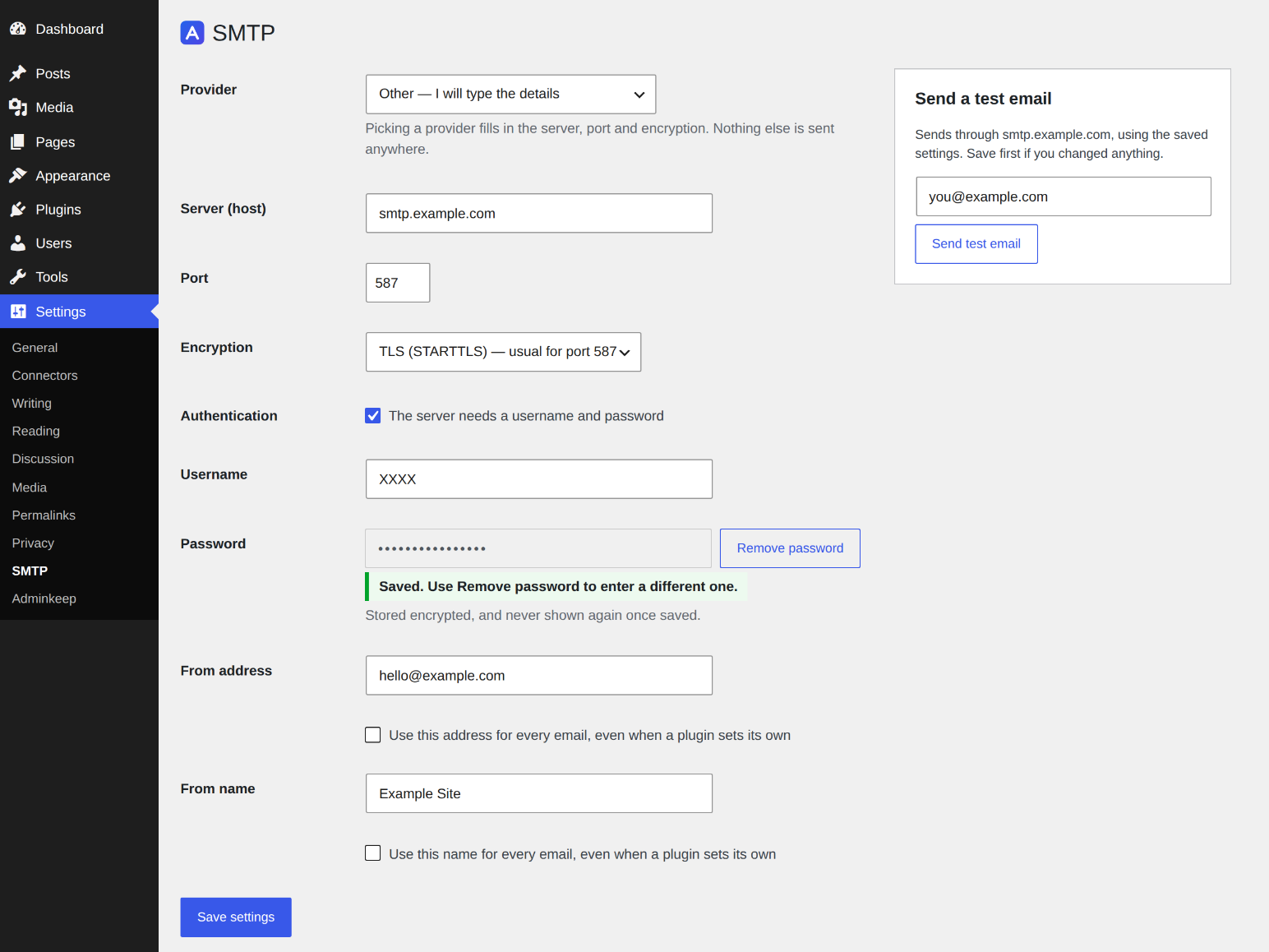 SMTP under Settings: pick a provider, save, and send a test email that shows what the server said.