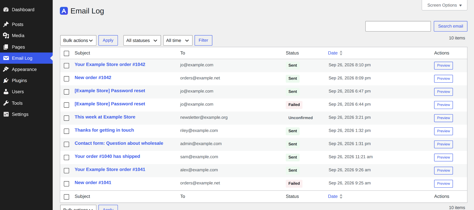 Email Log in its own admin menu: every email your site sends, whether it went out, and filters for status, period and search.