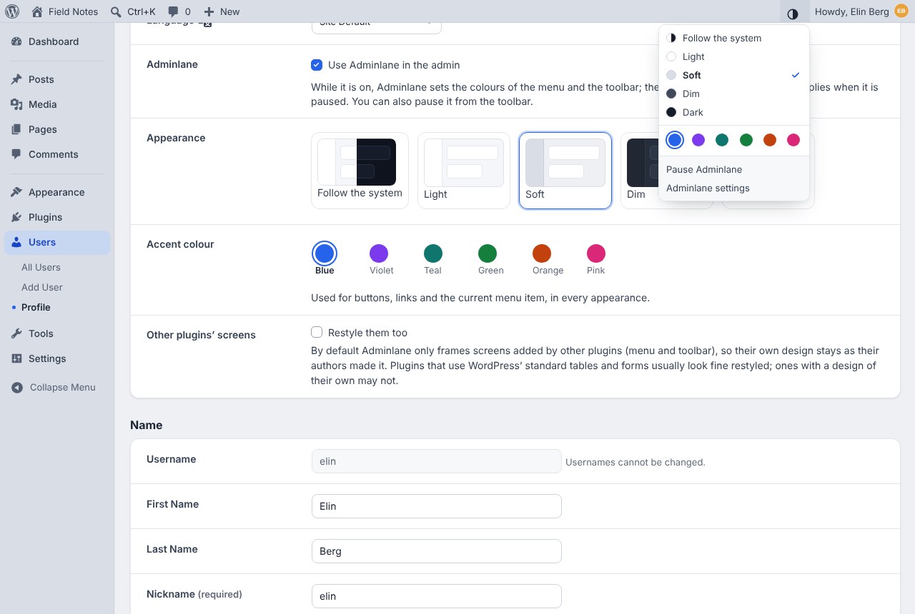 Five appearances and six accent colours — from the toolbar or the profile.
